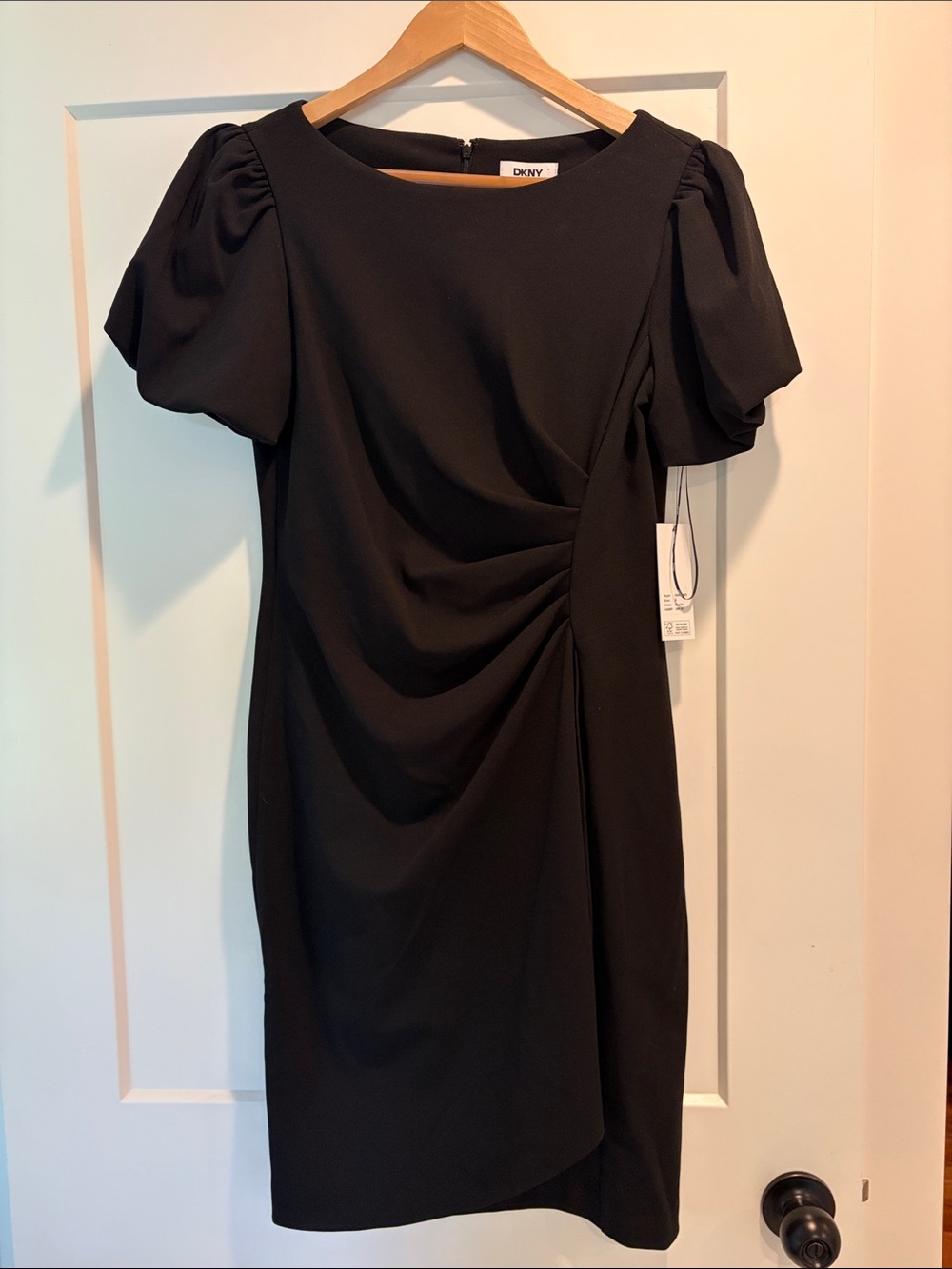 DKNY Black Puff Sleeve Ruched Midi Dress